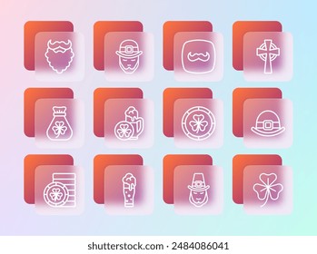 Set line Celtic cross, Glass of beer, Golden leprechaun coin, Leprechaun, Mustache, and beard and  icon. Vector