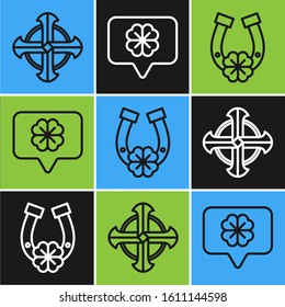 Set line Celtic cross, Horseshoe with four leaf clover and Four leaf clover in speech bubble icon. Vector