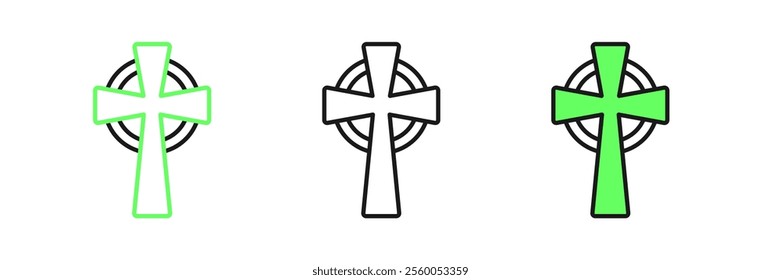 Set line Celtic cross icon isolated on white background. Happy Saint Patricks day. National Irish holiday.  Vector