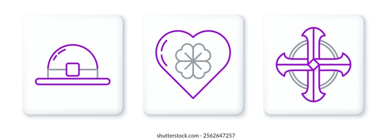 Set line Celtic cross, Leprechaun hat and Heart with four leaf clover icon. Vector