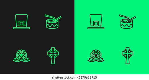 Set line Celtic cross, Medal with clover, Leprechaun hat and Drum drum sticks icon. Vector