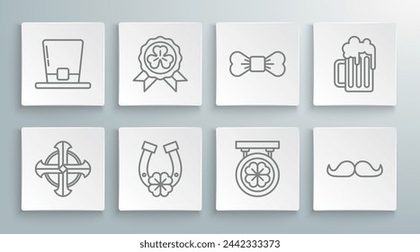 Set line Celtic cross, Medal with four leaf clover, Horseshoe, Street signboard, Mustache, Bow tie, Wooden beer mug and Leprechaun hat icon. Vector