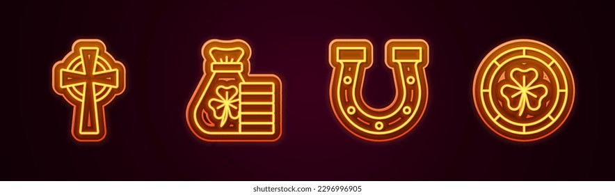 Set line Celtic cross, Money bag with clover, Horseshoe and Golden leprechaun coin. Glowing neon icon. Vector