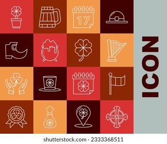 Set line Celtic cross, National Ireland flag, Harp, Saint Patrick's day with calendar, Witch cauldron, Tradition leprechaun boots, Four leaf clover pot and  icon. Vector