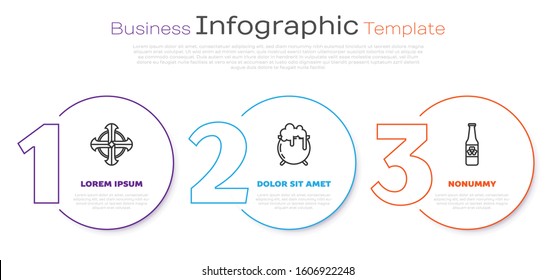 Set line Celtic cross, Witch cauldron and Beer bottle with four leaf clover. Business infographic template. Vector