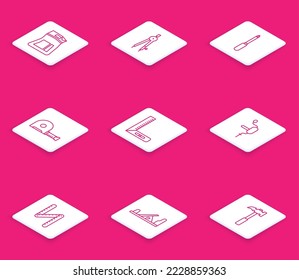 Ajuste la bolsa de cemento de línea, brújula de dibujo, destornillador, construcción de ruleta, regla de esquina, taladro de mano, plegado y icono de herramienta de plano de madera. Vector