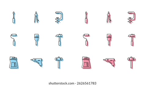 Set line Cement bag, Electric hot glue gun, Screwdriver, Sledgehammer, Paint brush, Claw, roller and Drawing compass icon. Vector