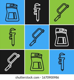 Set line Cement bag, Hacksaw and Calliper or caliper and scale icon. Vector