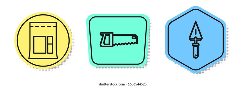 Set line Cement bag, Hand saw and Trowel. Colored shapes. Vector