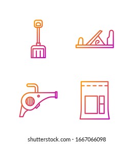 Set line Cement bag, Leaf garden blower, Snow shovel and Wood plane tool. Gradient color icons. Vector