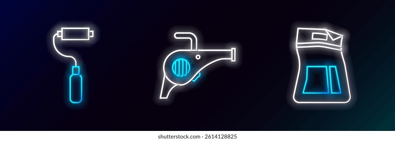 Set line Cement bag, Paint roller brush and Leaf garden blower icon. Glowing neon. Vector