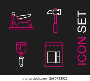 Set line Bolsa de cemento, cuchillo de masilla, martillo de garra e icono de grapadora de construcción. Vector