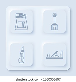 Set line Cement bag, Snow shovel, Stationery knife and Wood plane tool. White square button. Vector