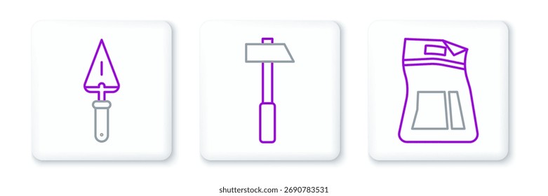 Set line Bolsa de cemento, Icono de paleta y martillo. Vector