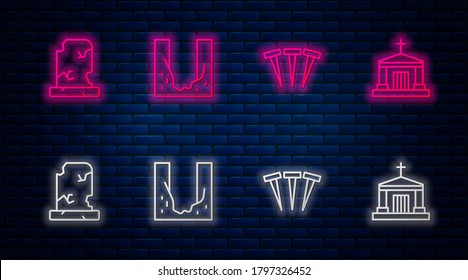 Set line Cemetery digged grave hole, Metallic nails, Old with tombstone and crypt. Glowing neon icon on brick wall. Vector