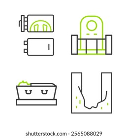 Set line Cemetery digged grave hole, Coffin with dead, Grave tombstone and Crematorium icon. Vector