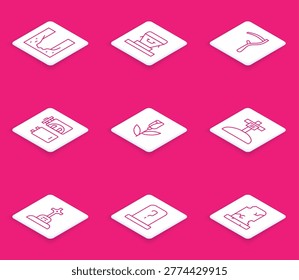 Set line Cemetery digged grave hole, Coffin, Scythe, Crematorium, Flower rose, Grave with cross,  and tombstone icon. Vector