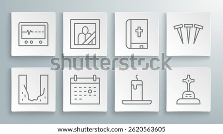 Set line Cemetery digged grave hole, Mourning photo frame, Calendar death, Burning candle, Grave with cross, Holy bible book, Metallic nails and Beat dead monitor icon. Vector