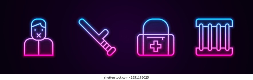 Set line Censor and freedom of speech, Police rubber baton, First aid kit and Prison window. Glowing neon icon. Vector