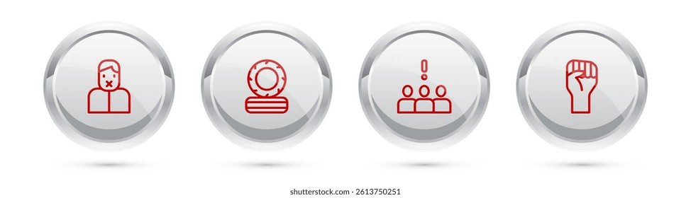 Set line Censor and freedom of speech, Lying burning tires, Crowd protest and Raised hand with clenched fist. Silver circle button. Vector