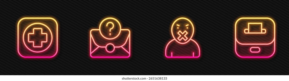 Set line Censor and freedom of speech, Hospital signboard, Envelope with question mark and Vote box. Glowing neon icon. Vector