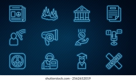 Set line Censored stamp, Freedom of speech, Courthouse building, Peace, Police beat human, News, Coins on hand - minimal wage and Burning car icon. Vector