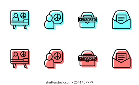 Set line Censored stamp, Peace, talks and Mail and e-mail icon. Vector