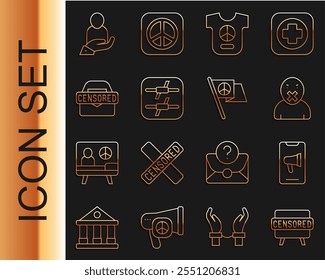 Set line Censored stamp, Protest, and freedom of speech, Peace, Barbed wire, Life insurance in hand and  icon. Vector