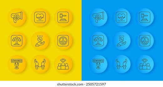 Set line Censored stamp, Scales of justice, Coins on hand - minimal wage, Spy, agent, Peace, Judge gavel and Heart rate icon. Vector