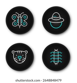 Set line Centipede insect, Tiger head, Camping hat and Butterfly icon. Vector