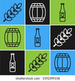 Set line Cereals set with rice, wheat, corn, oats, rye, barley, Beer bottle and Wooden barrel icon. Vector