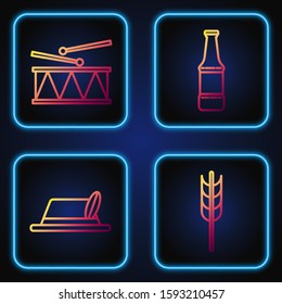 Set line Cereals set with rice, wheat, corn, oats, rye, barley, Oktoberfest hat, Musical instrument drum and drum sticks and Beer bottle. Gradient color icons. Vector