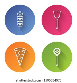 Set line Cereals with rice, wheat, corn, oats, rye, Spatula , Slice of pizza  and Strainer spoon . Color circle button. Vector