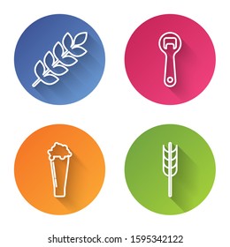 Set line Cereals set with rice, wheat, corn, oats, rye, barley, Bottle opener, Glass of beer and Cereals set with rice, wheat, corn, oats, rye, barley. Color circle button. Vector