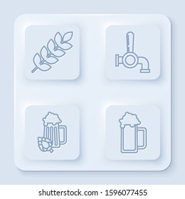Set line Cereals set with rice, wheat, corn, oats, rye, barley, Beer tap, Glass of beer and hop and Glass of beer. White square button. Vector