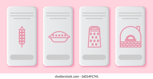 Set line Cereals with rice, wheat, corn, oats, rye, Homemade pie , Grater  and Brick stove . White rectangle button. Vector