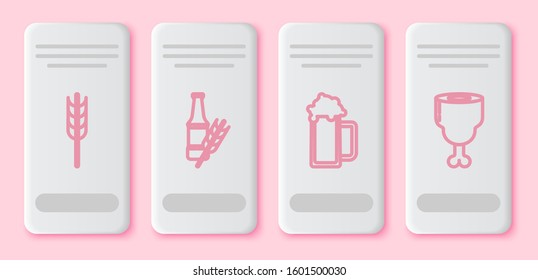Set line Cereals set with rice, wheat, corn, oats, rye, barley, Beer bottle, Glass of beer and Chicken leg. White rectangle button. Vector