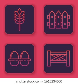 Set line Cereals with rice, wheat, corn, oats, rye, Chicken egg in box, Garden fence wooden and Garden fence wooden. Blue square button. Vector
