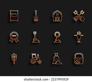 Set line Cereals with rice, wheat, corn, oats, rye, Tractor, Bag of flour, Shopping basket, Shovel the ground, Scarecrow and Sunflower icon. Vector