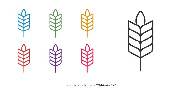 Set-Linie Getreide mit Reis, Weizen, Mais, Hafer, Roggen, Gerste Symbol einzeln auf weißem Hintergrund. Ohren von Weizenbrotsymbolen. Stellen Sie die Symbole bunt ein. Vektorgrafik
