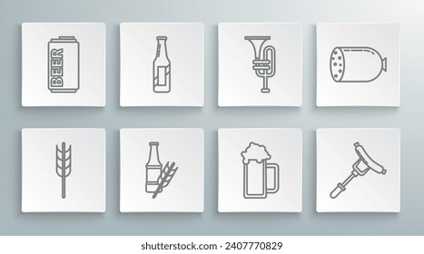 Set line Cereals set with rice, wheat, corn, oats, rye, barley, Beer bottle, Glass of beer, Sausage on the fork, Musical instrument trumpet, Salami sausage and can icon. Vector