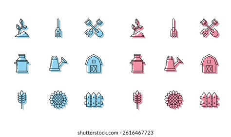 Set line Cereals with rice, wheat, corn, oats, rye, Sunflower, Sprout, Garden fence wooden, Watering can, Farm House concept, Can container for milk and rake icon. Vector