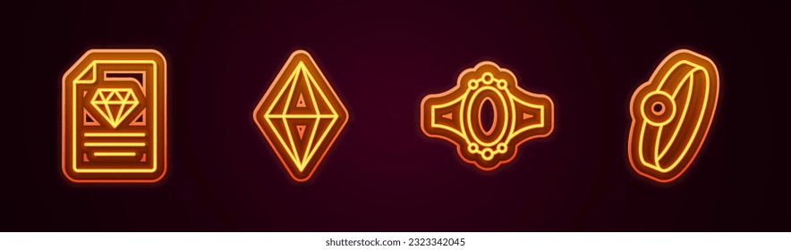 Set line Certificate of the diamond, Gem stone, Diamond engagement ring and . Glowing neon icon. Vector