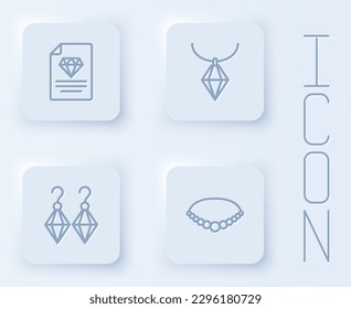 Set line Certificate of the diamond, Pendant necklace, Earrings and Pearl. White square button. Vector
