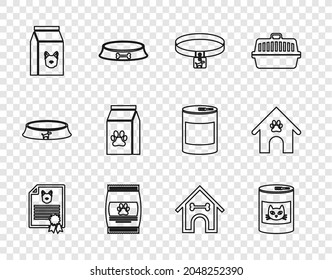 Set line Certificate for dog or cat, Canned food, Dog collar, Bag of pet, house and bone and paw print icon. Vector