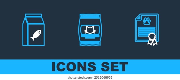 Set line Certificate for dog or cat, Bag of food and  icon. Vector