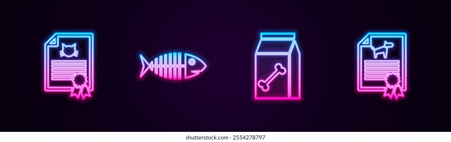 Set line Certificate for dog or cat, Fish skeleton, Bag of food pet and . Glowing neon icon. Vector