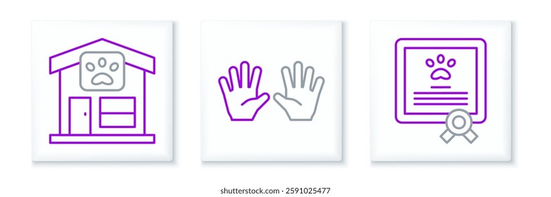 Set line Certificate for dog or cat, Pet grooming and Medical rubber gloves icon. Vector