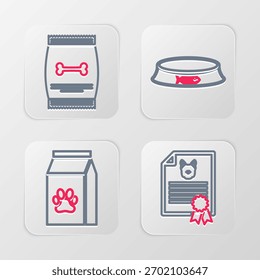 Set line Certificate for dog or cat, Bag of food pet, Pet bowl and  icon. Vector