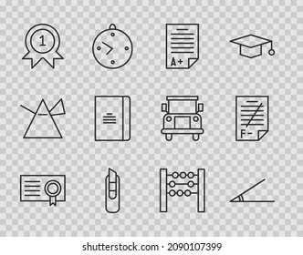 Set line Certificate template, Acute angle, Exam sheet with plus grade, Stationery knife, Medal, Spiral notebook, Abacus and paper incorrect answers icon. Vector